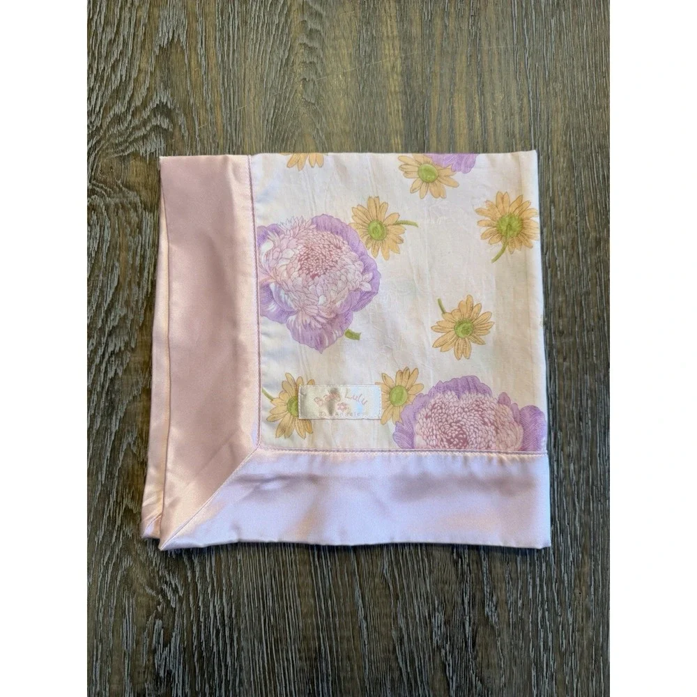 Baby Lulu LA Pink White Floral Security Blanket with satin edge 18